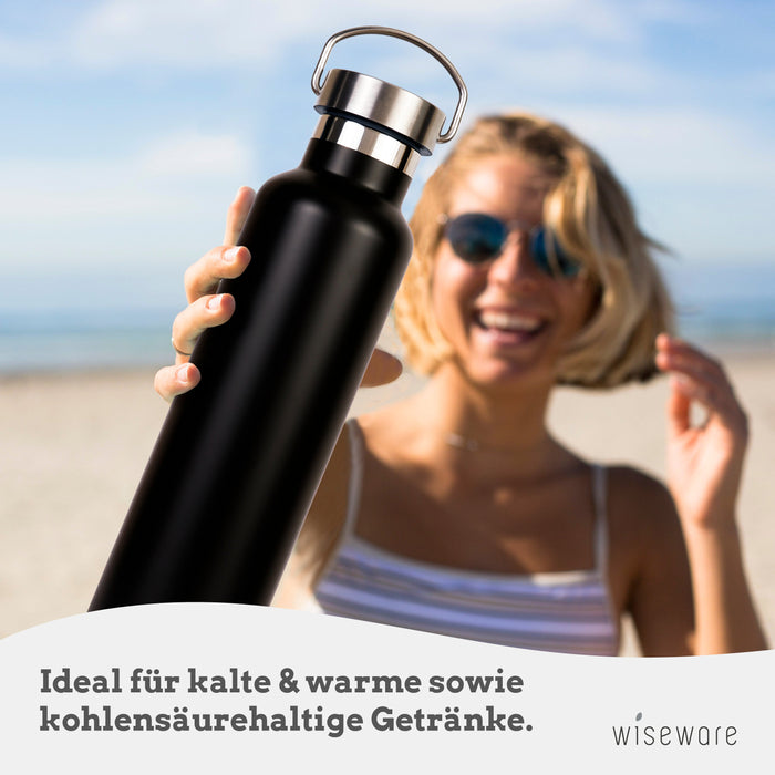 Stainless steel drinking bottle - black vacuum flask 750ml - BPA free - leak-proof metal water bottle for outdoors, hiking, school, sports