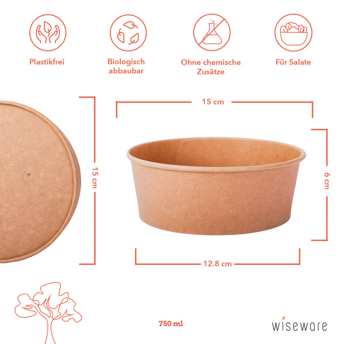 Salad Bowl with Lid - 750ml - Paper / Cardboard Bowl Disposable - Brown