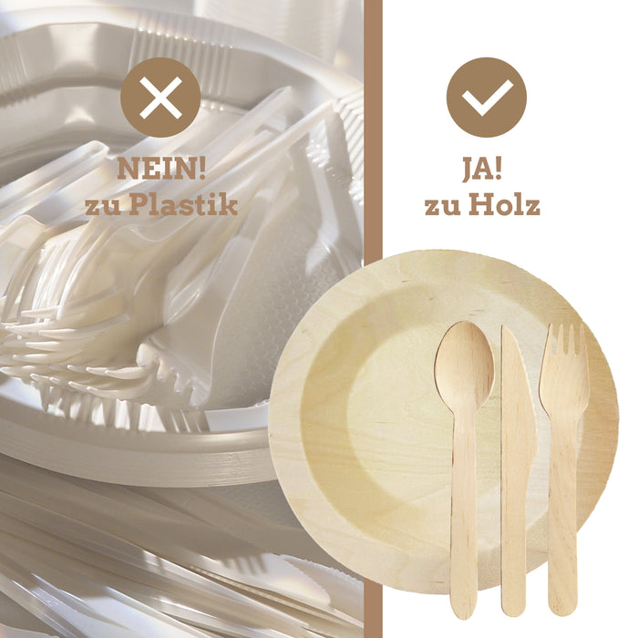 Birch wood disposable cutlery set with wooden plate
