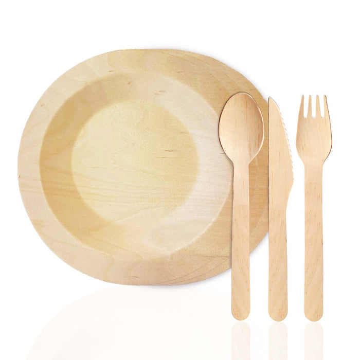 Birch wood disposable cutlery set with wooden plate