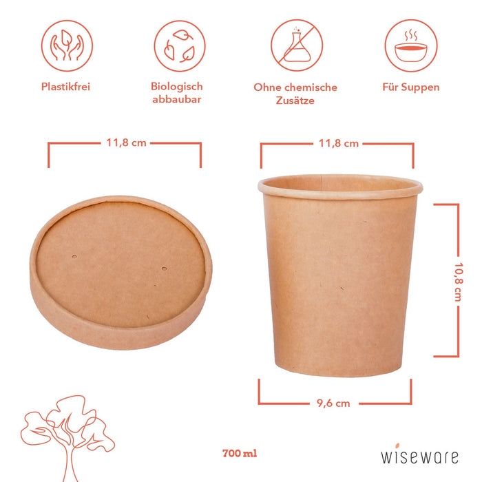 Soup bowl 700ml To Go disposable - soup bowl made of paper - biodegradable paper cups without PLA/PE - sustainable disposable soup bowl with BIO coating