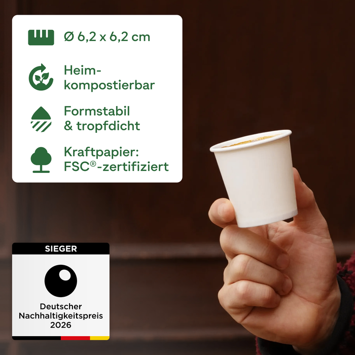 Pappbecher To Go, 100 ml, heim-kompostierbar, weiß, Ø 6,3 x 6,2 cm