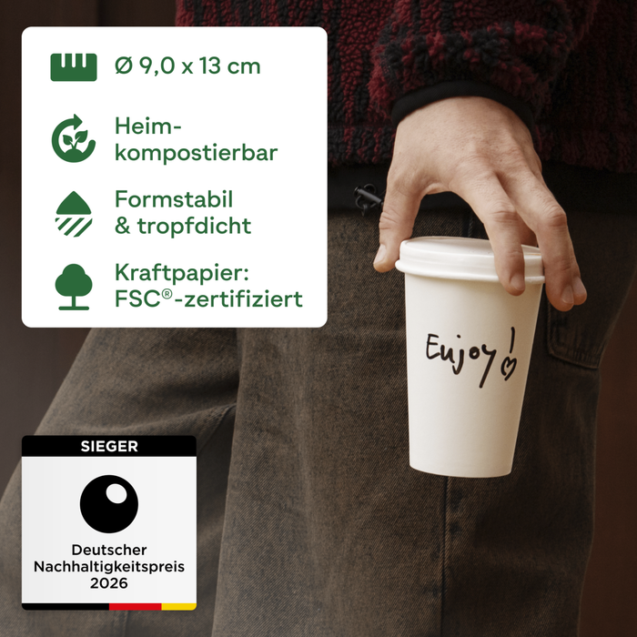 Pappbecher To Go, 400 ml, heim-kompostierbar, weiß, Ø 9 x 13,6 cm