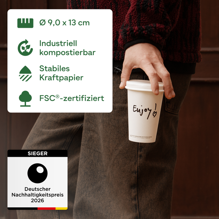 Bio-Pappbecher, 400 ml, kompostierbar, FSC®-zertifiziert, einwandig, weiß