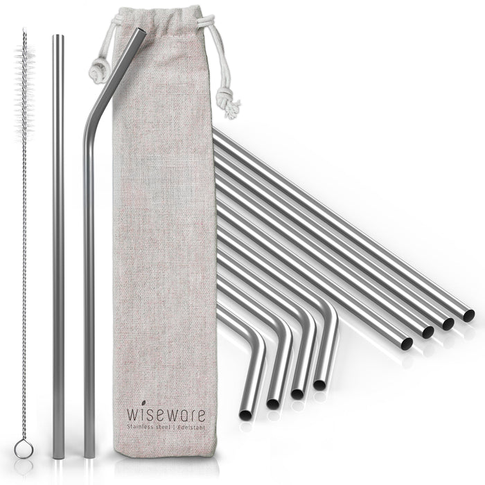 Edelstahl Trinkhalm Set 10 Stk. (5 gerade Strohhalme, 5 gebogene Strohhalme, 1 Bürste, 1 Jutebeutel) - Wiseware