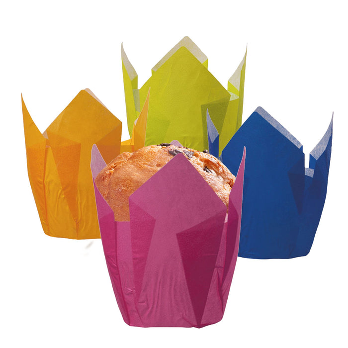 Papier Muffinförmchen Tulpenform Bunt (blau, gelb, grün, pink)