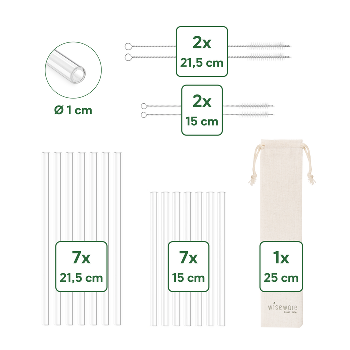 Glas Trinkhalm Set: 14 Halme + 4 Bürsten