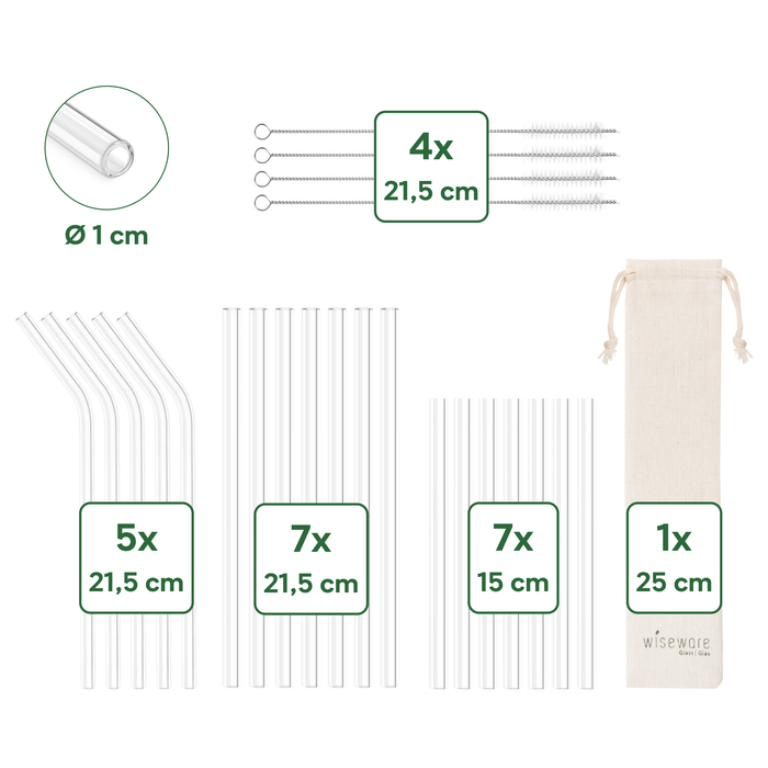 Glas Trinkhalm Set: 19 Halme + 4 Bürsten