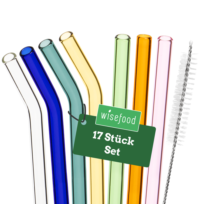 Glas Trinkhalm Set bunt: 14 Halme + 2 Bürsten