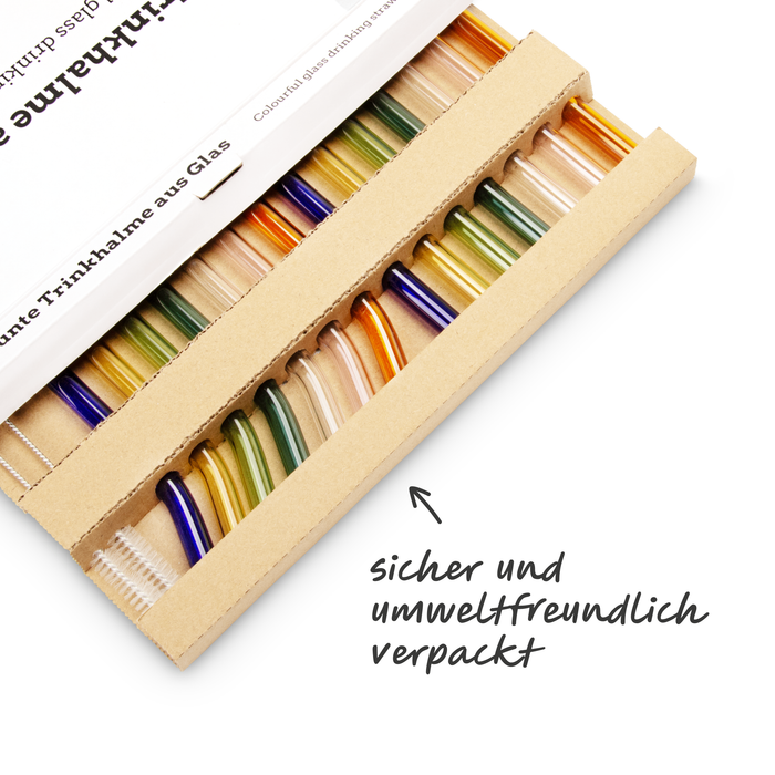 Glas Trinkhalm Set bunt: 14 Halme + 2 Bürsten
