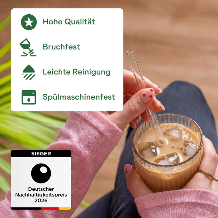 Glas Trinkhalm Set: 50 Halme 21cm + 2 Bürsten