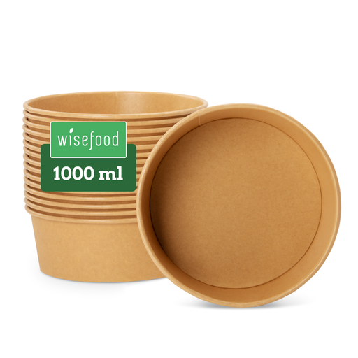 runde Papierschale aus braunem Kraftpapier mit einem Füllvolumen von 1000 ml für Take Away.
