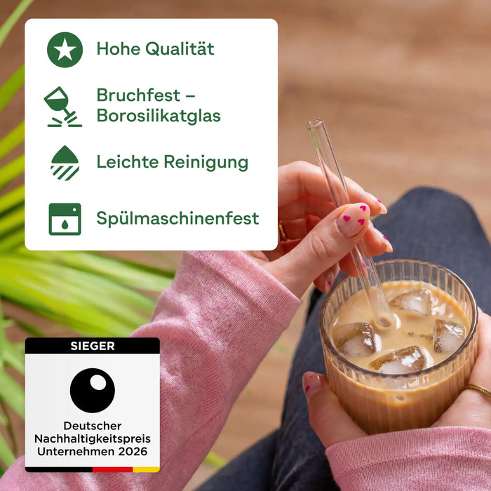Glas-Trinkhalm-Set, Borosilikatglas, transparent, 14 Halme (Ø 1 x 15 cm bzw. 21,5 cm) + 4 Bürsten + Beutel