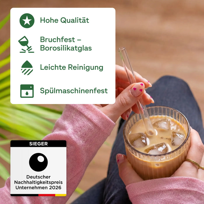 Glas-Trinkhalm-Set, Borosilikatglas, transparent, 50 Halme (Ø 0,8 x 21,5 cm) + 2 Bürsten