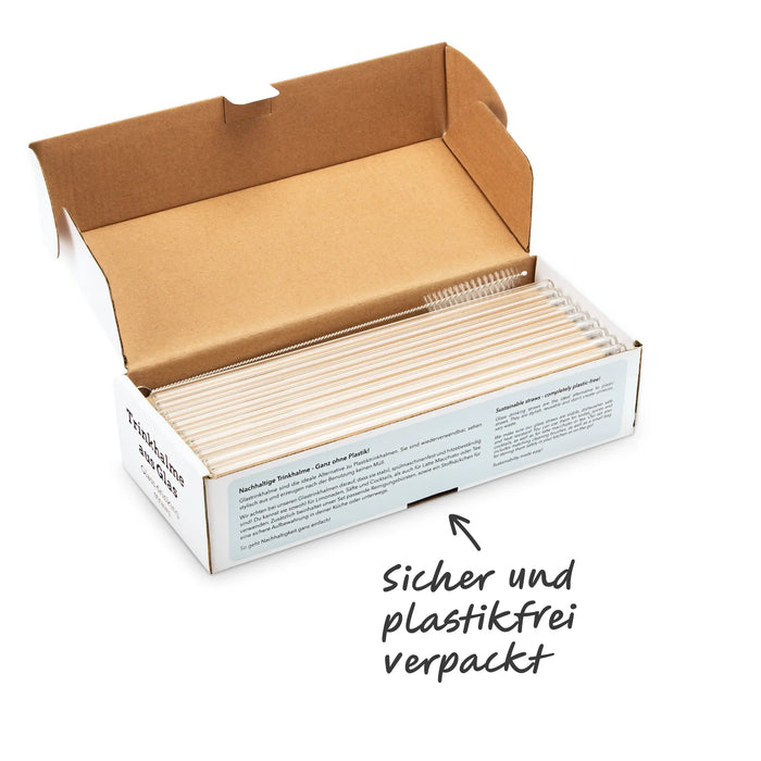Glas-Trinkhalm-Set, Borosilikatglas, transparent, 50 Halme (Ø 0,8 x 21,5 cm) + 2 Bürsten