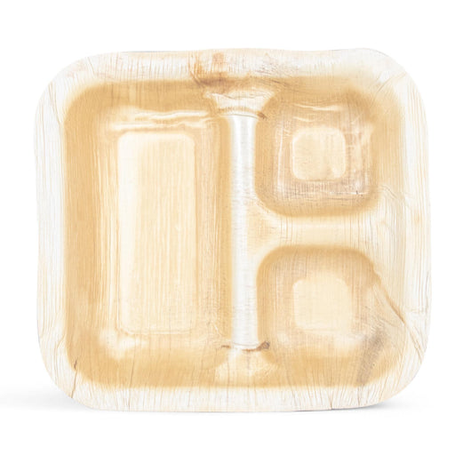 Einweg-Schale aus Palmblatt, dreifach unterteilt, 350 + 2x 100 ml, rechteckig, 26,5 x 25 x 3,5 cm, beige
