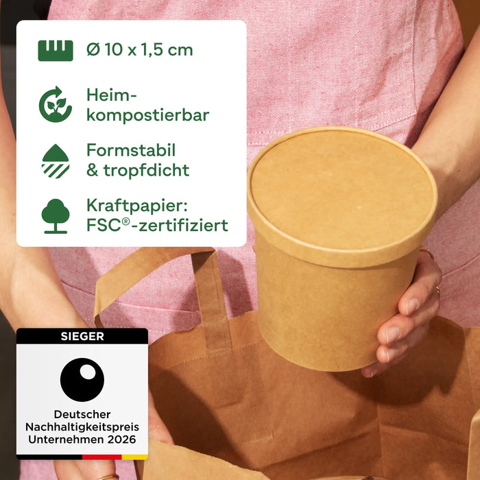 Papierdeckel Ø 9,8 cm, rund, kraft, heim-kompostierbar, braun