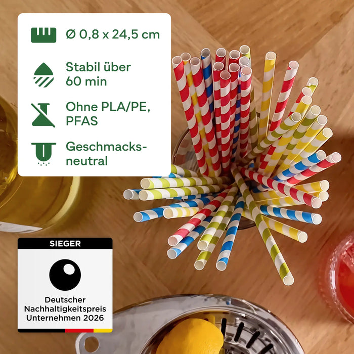 Papier-Strohhalme, bunt gestreift, Ø 0,8 x 24,5 cm
