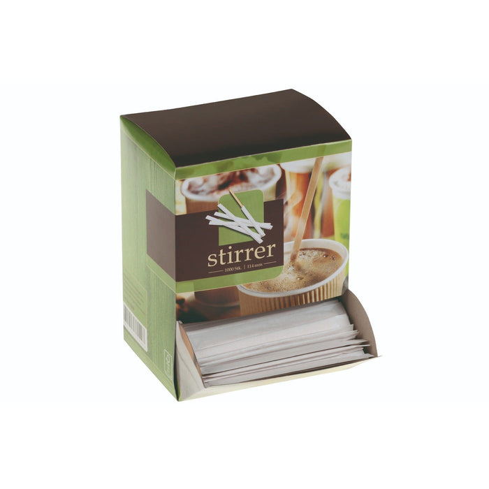 Wooden stirring sticks individually wrapped in dispenser box - 114mm