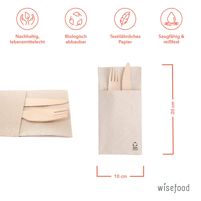 Paper cutlery napkins - rectangular brown 20 x 10 cm 2-ply 1/8 fold