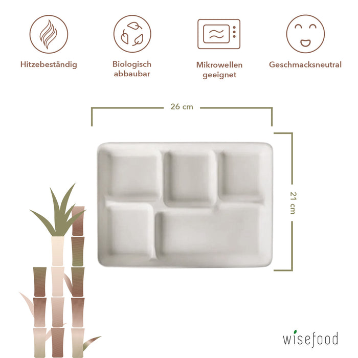 Sugar cane tray rectangular 5-part - 26x21cm white bagasse