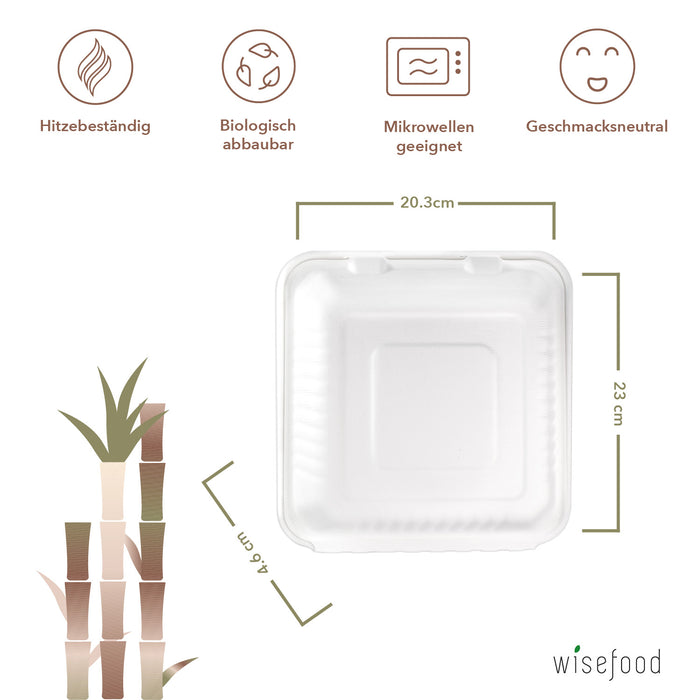 Bio Zuckerrohr Bagasse Menübox Lunchbox - 23 x 20,3 x 4,6 cm weiß