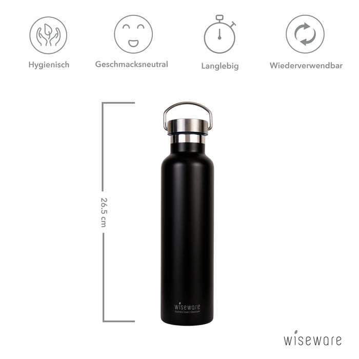 Edelstahl Trinkflasche - Schwarze Isolierflasche 750ml - BPA frei - Auslaufsichere Wasserflasche aus Metall für Outdoor, Wandern, Schule, Sport