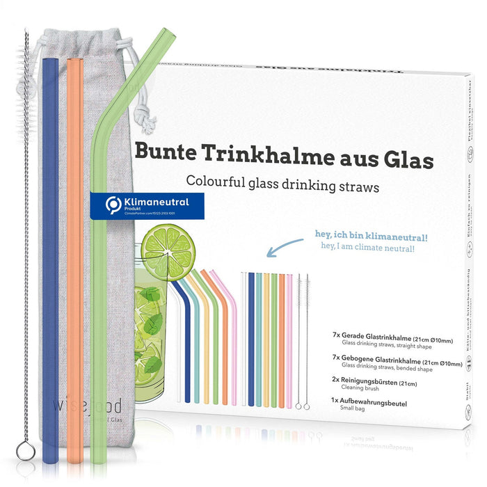 Glas Trinkhalm Set bunt: 14 Halme + 2 Bürsten