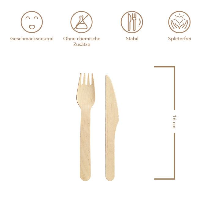 Birch wood cutlery set individually wrapped (knife, fork and napkin) - 160mm