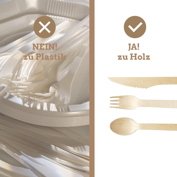 Besteckset Holz. 4-tlg. mit Gabel. Messer. Löffel. Serviette - 250 Stück (Karton)