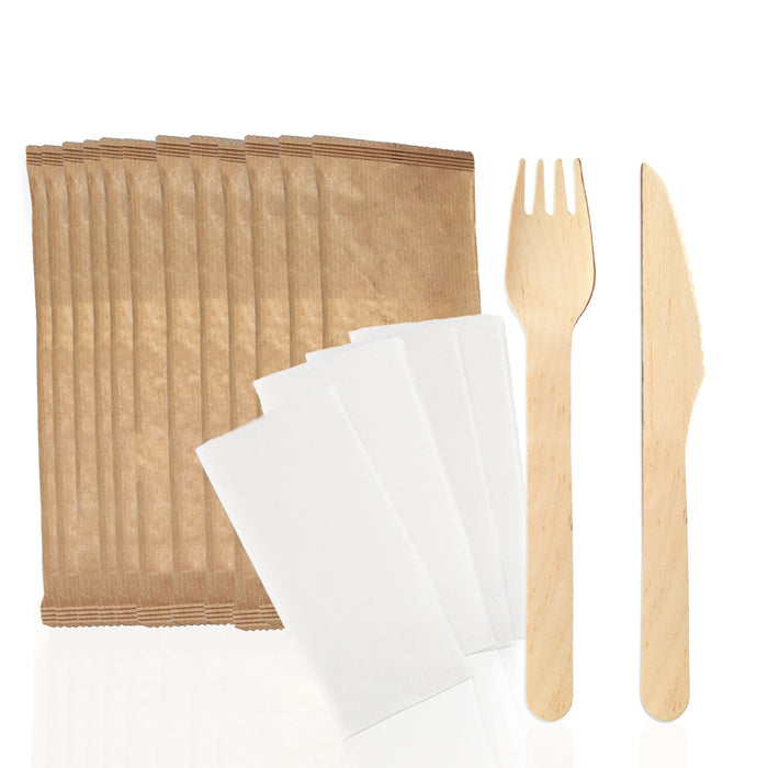 Birch wood cutlery set individually wrapped (knife, fork and napkin) - 160mm