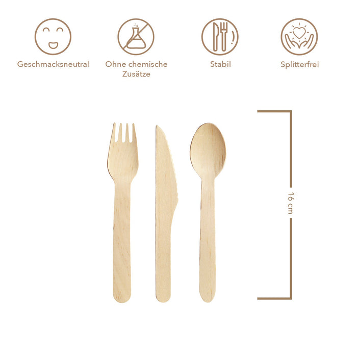 Wooden cutlery set, fork and knife individually wrapped, 16.5 cm