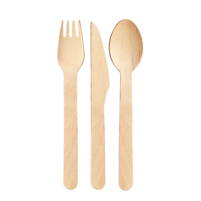 Wooden cutlery set - 100 knives (16.5cm) + 100 forks (16cm) + 100 spoons (16cm)