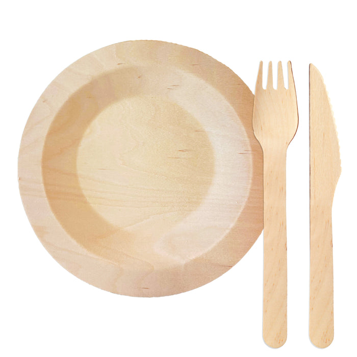 Birch wood crockery set (plate, knife and fork) - round Ø 23cm