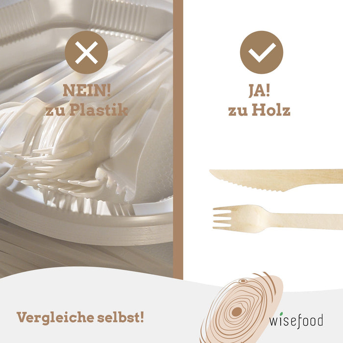 Disposable wooden cutlery set - 10 knives (16.5 cm) + 10 forks (16 cm) - wooden cutlery individually wrapped