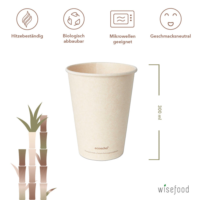 Bagasse coffee cup 300ml - Ø 90mm drinking cup - sugar cane disposable cup