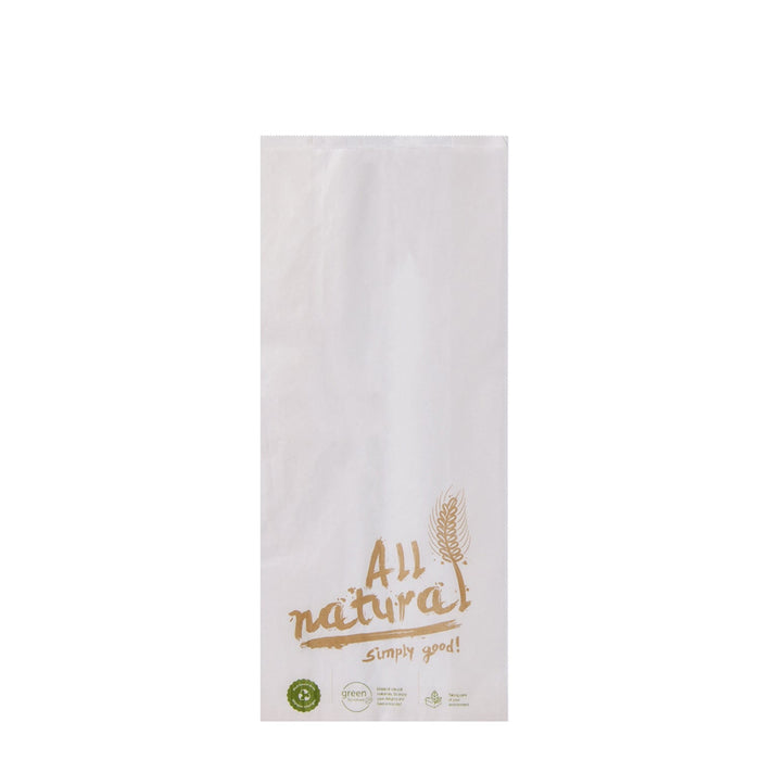Bolsa de papel para panadería - blanca con estampado "All Natural" 13 x 7 x 28 cm