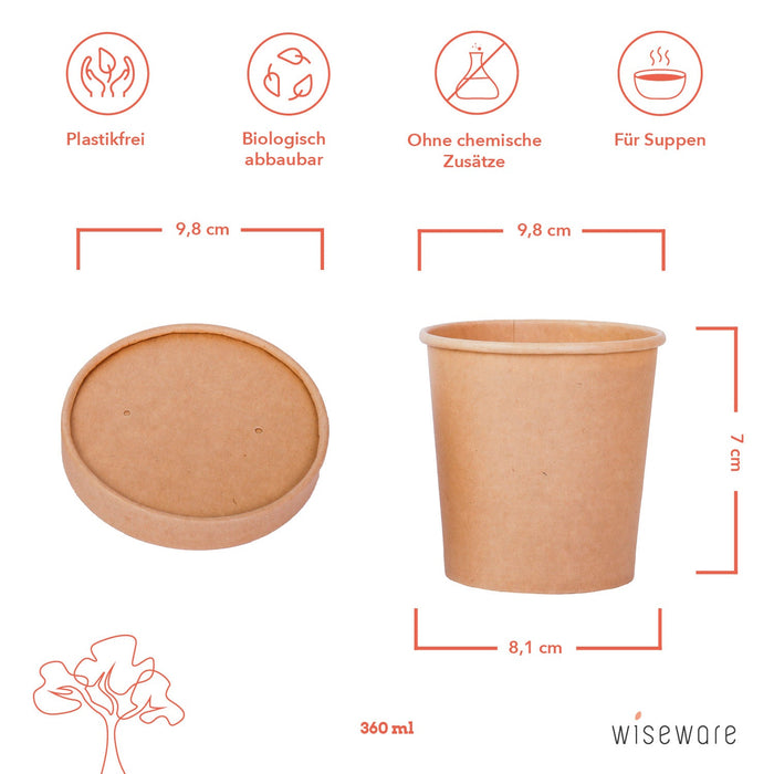 Tazón de sopa 360ml To Go desechable - tazón de sopa de papel - vasos de papel biodegradables sin PLA/PE - tazón de sopa desechable sostenible con recubrimiento BIO