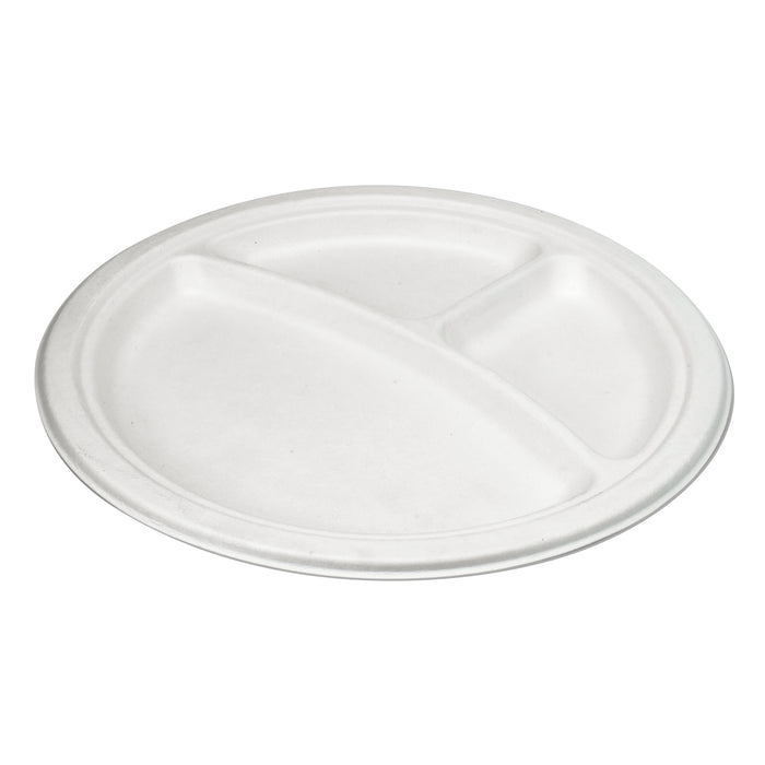 Bagasse plate 3 compartments - 23 cm (round, white)
