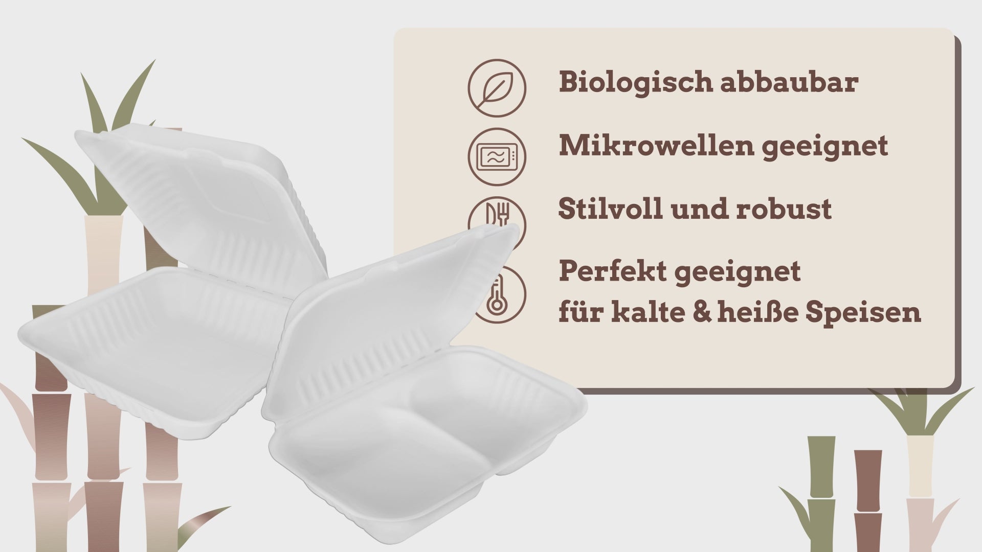 Wisefood Zuckerrohr Menübox 3-Kammer – 20x22x8,5 Cm, Biologisch Abbaubar, Mikrowellengeeignet